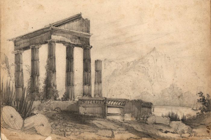 19th Century Pencil Drawing of Roman Temple/Ruins