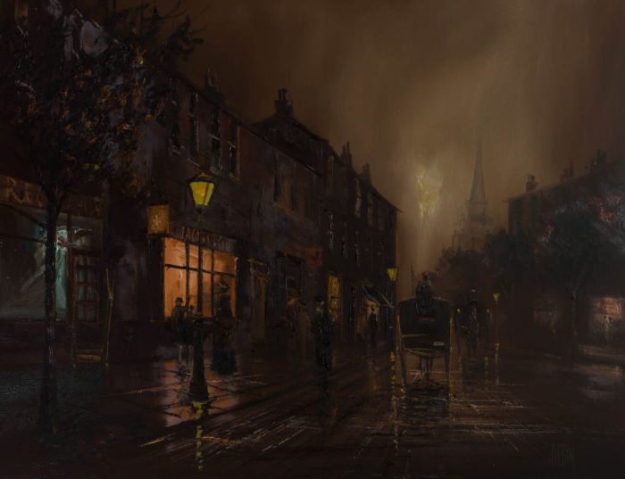 Hilton - Large Contemporary Oil, Lamplit Victorian Street