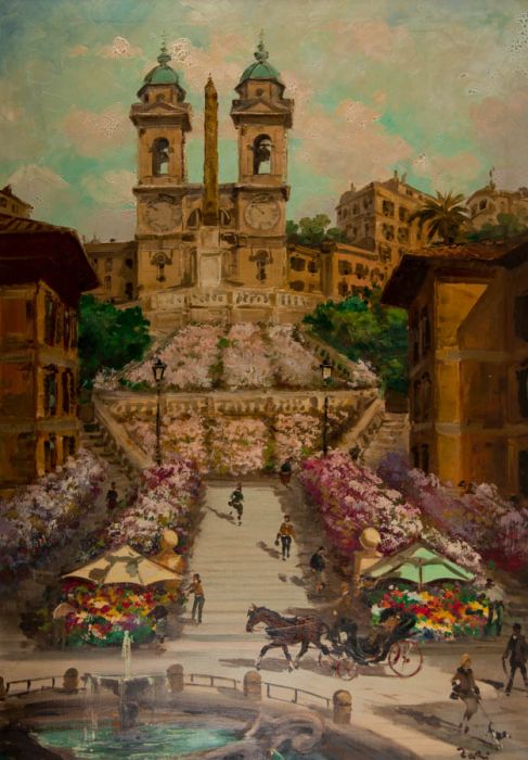 Large 1941 Oil - Spanish Steps, Rome