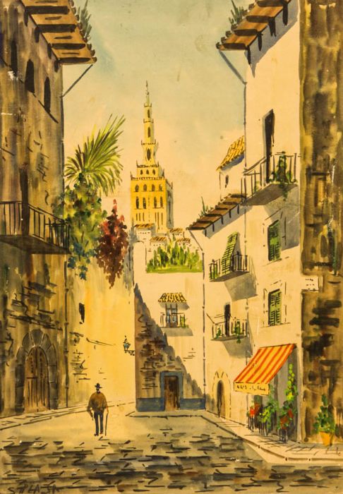 S. Plaza - Large Mid 20th Century Watercolour, La Giralda, Seville