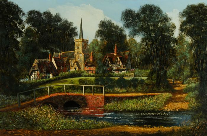 Malcolm Gearing - Large 1981 Oil, English Village Landscape