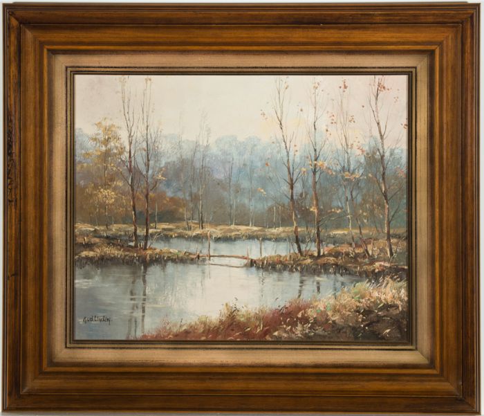 Gerard Van der Linden - Signed and Framed Contemporary Oil, Birch Trees by River