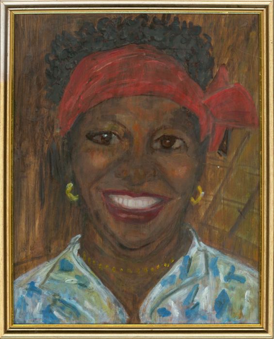 Framed 20th Century Acrylic - Portrait of a Lady in a Blue Shirt