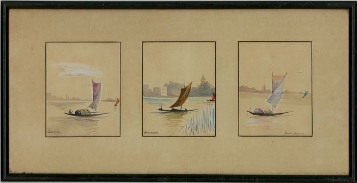 Framed 20th Century Watercolour - Three Indian River Boats