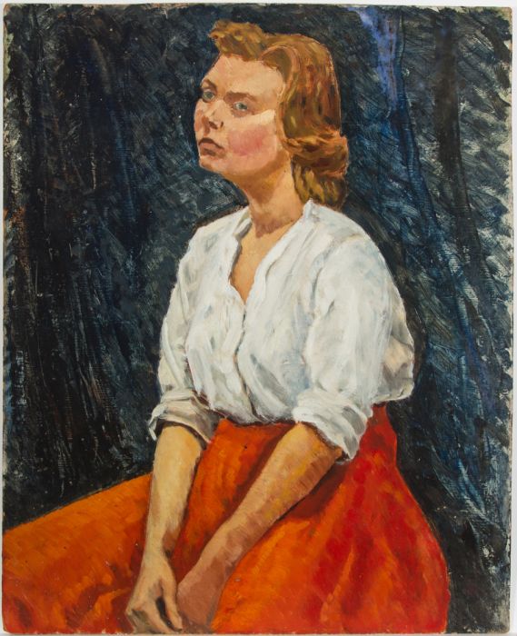 Mid 20th Century Oil - Lady In A Red Skirt