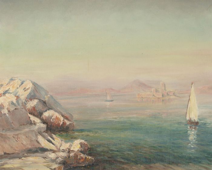 Mid 20th Century Oil - Coastline With Pink Mountains