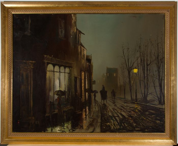 Barry Hilton (b.1941) - Signed & Framed 20th Century Oil, Nighttime Street Scene