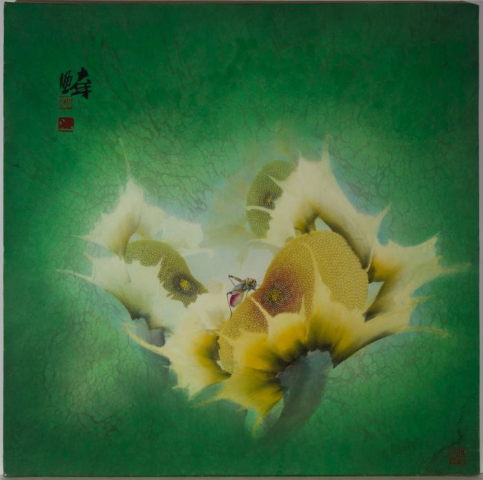 Chinese 20th Century Gouache - Cricket in a Flower
