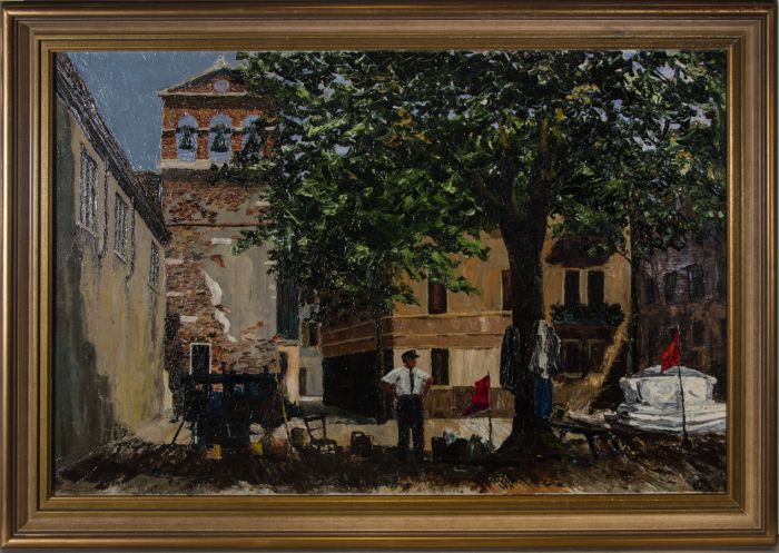 Framed 20th Century Oil - Continental Town Square