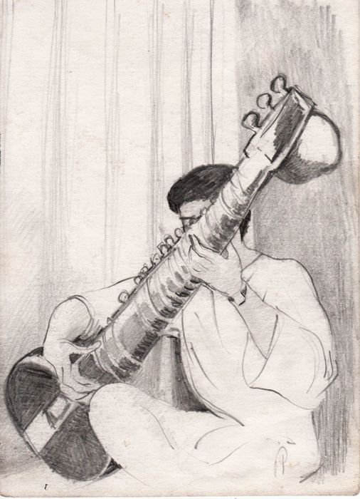 Contemporary Graphite Drawing - Man playing sitar