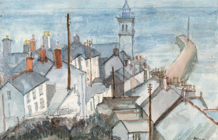 H O Baker - Roof Tops, Porthleven, Cornwall. Watercolour