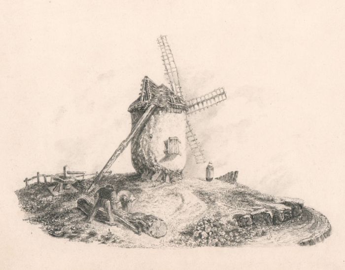 S.C. - Excellent 19th Century Graphite Drawing, Figures Working by Windmill