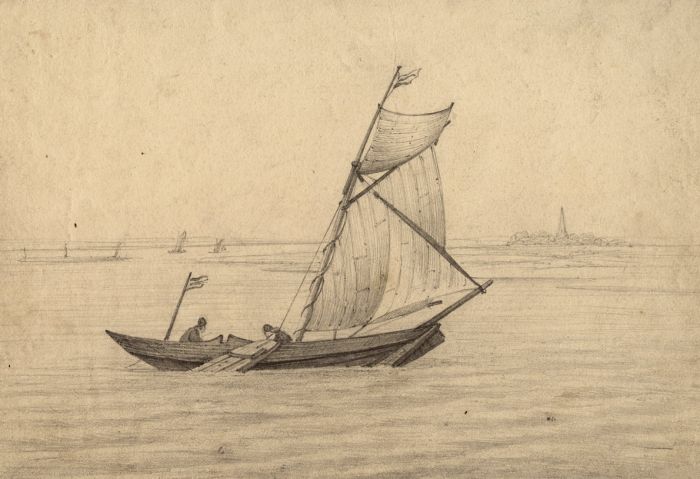 19th Century Graphite Drawing - Figures in Boat