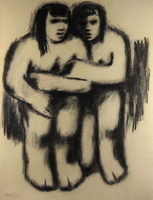 Gerald Coles - 1962 Charcoal Drawing, Pair of Figures Embracing