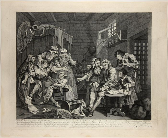 Hogarth - 1796 Engraving, Jane Hogarth Rake's Progress The Prison
