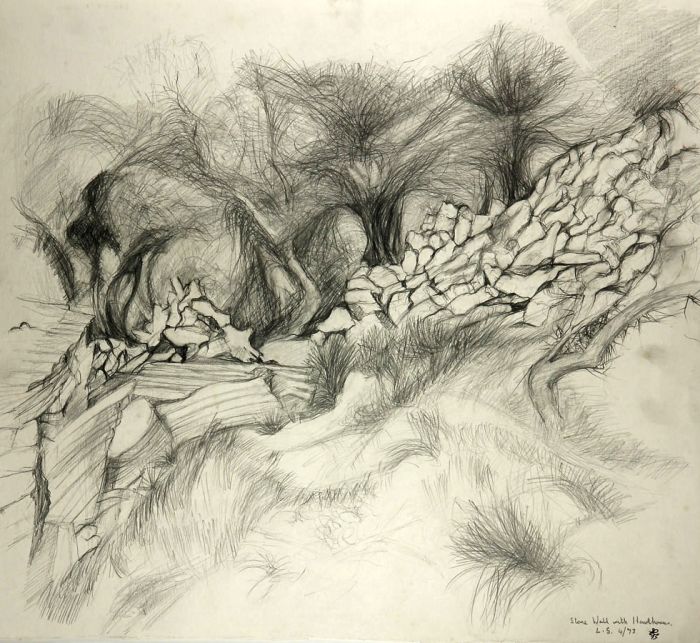 Linda Crane - 1973 Graphite Drawing, Stone Wall with Hawthorne