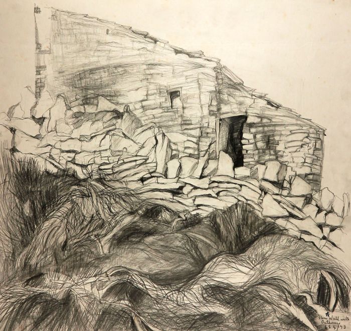 Linda Crane - 1973 Graphite Drawing, Stone Wall with Outhouse