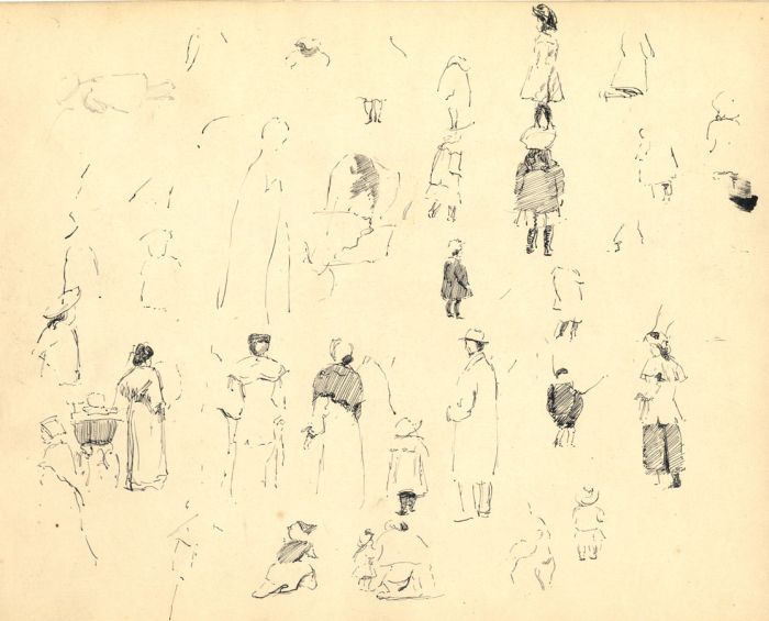 Millicent L. Woodforde - 1904 Pen and Ink Drawing, Figures, Luxembourg Gardens