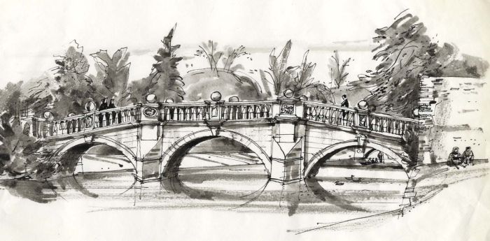 Paul Sharp - Monochrome 1963 Watercolour, Clare Bridge Cambridge