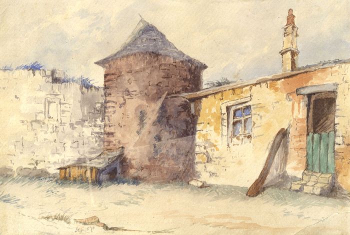 1870 Watercolour - Farm Buildings with Turret