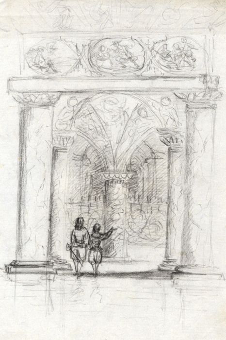 Mid 19th Century Charcoal Drawing - Figures in a Grand Palazzo