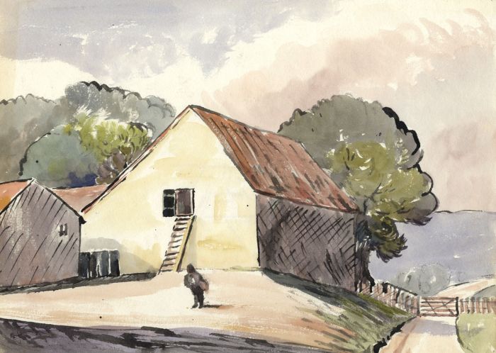 V. Stone - Early 20th Century Watercolour, Farm Buildings with Figure