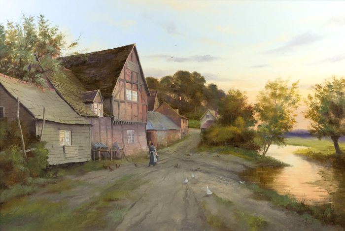 Richard Telford - Early 20th Century Oil, Village by River Landscape