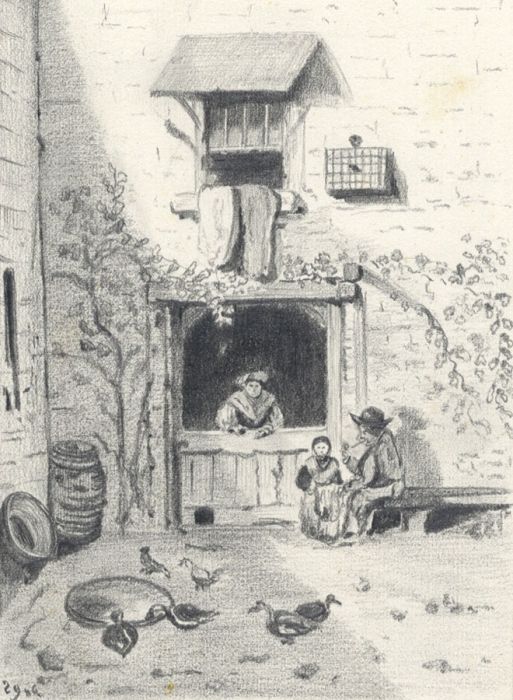 1889 Graphite Drawing - Figures at Stable Door