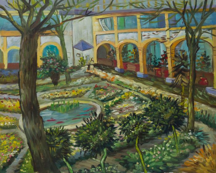 Original Contemporary Studio Oil Painting, Hospital Garden After Van Gogh