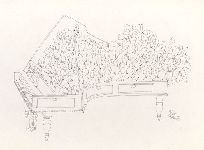 Diane Elson - 1974 Pen and Ink Drawing, Grand Piano with Jostling Figures