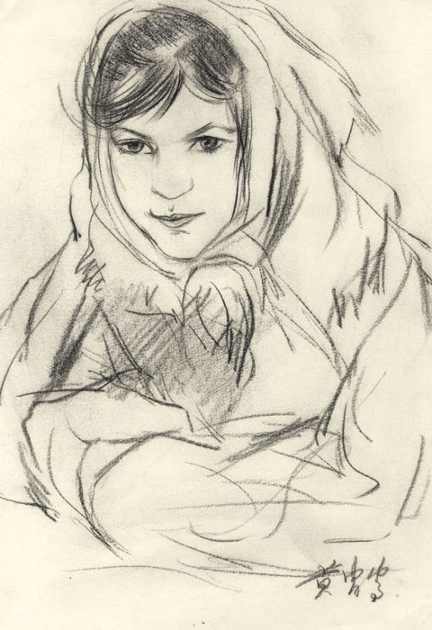 Chinese Contemporary Charcoal Drawing - Shawled Woman