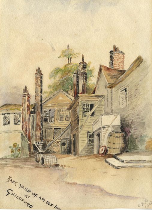 Monogram C.E.B. - 1923 Watercolour, Back Yard of an Old Inn at Guildford