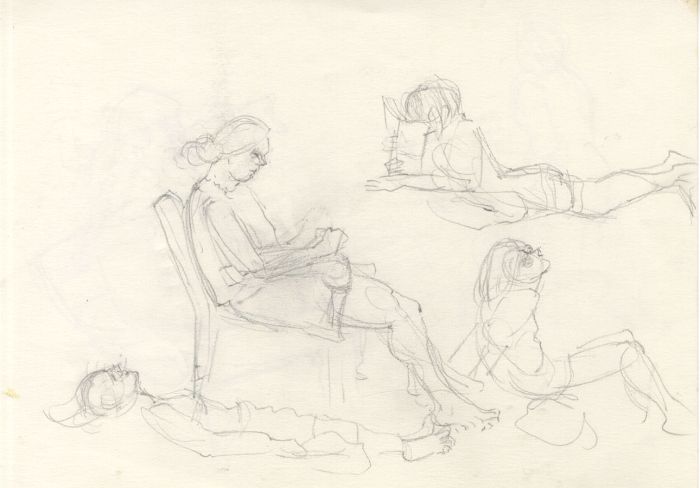 Lory Adler - 1983 Graphite Drawing, Figures Reading