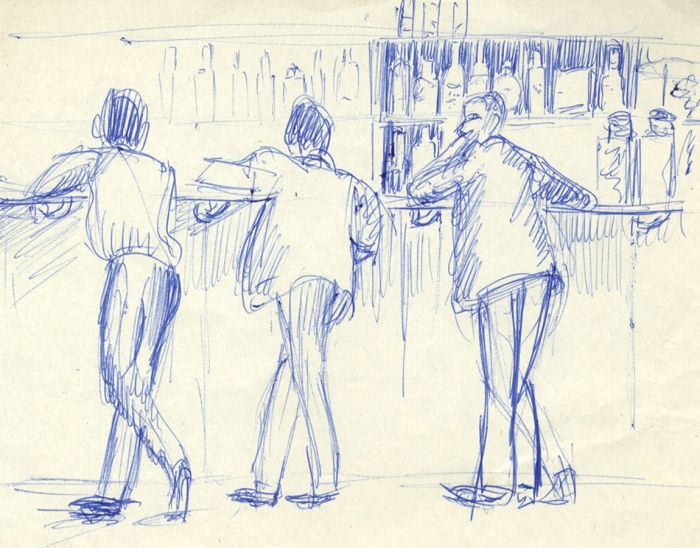 Mid 20th Century Pen and Ink Drawing - Men at a Bar