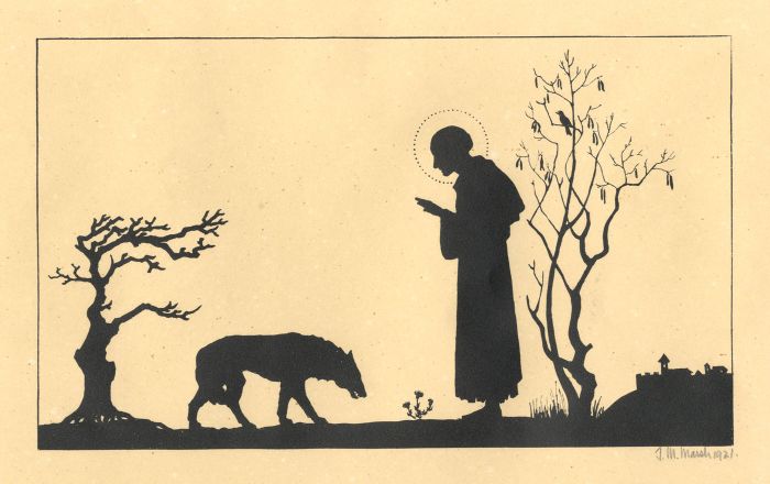 J.M. Marsh - 1921 Lithograph, St Francis of Assisi Taming the Wolf of Gubbio