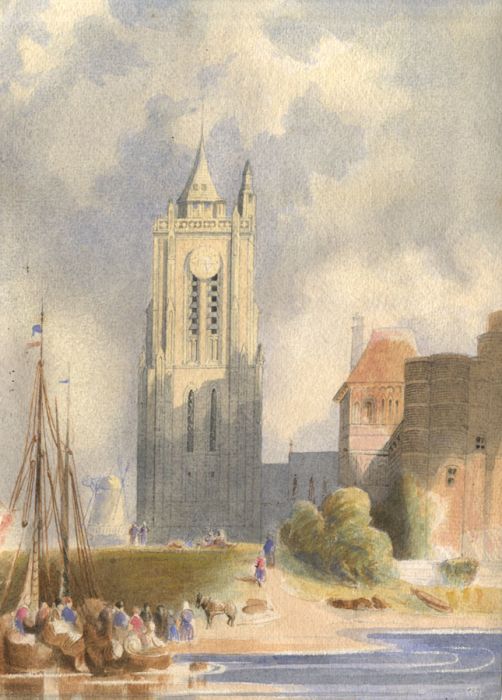 Mid 20th Century Watercolour - The Oude Kerk (Old Church) - Delft, Holland