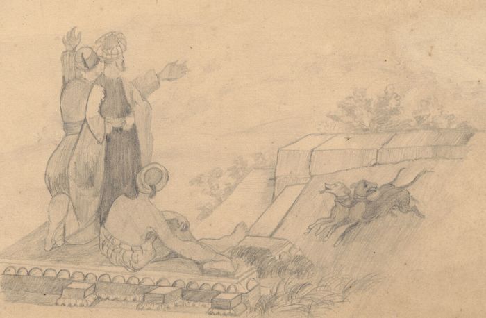 Mid 20th Century Graphite Drawing - Eastern Figures with View and Dogs