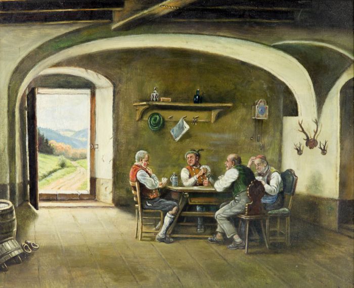 Early 20th Century Oil - Alpine Card Playing Scene