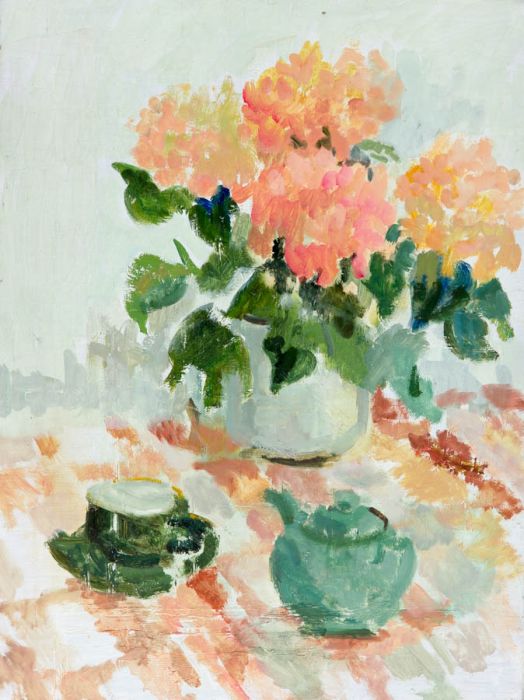 Mid 20th Century Oil - Flowers with Tea Pot and Cup