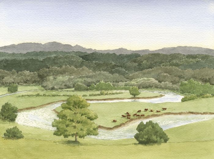 Eileen Lewis - 1985 Watercolour, Bends in the River Severn near Ironbridge