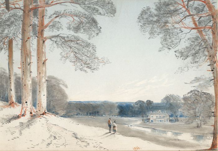 Attributed Henry Bright - 1866 Graphite Drawing, Two Figures at Country Estate
