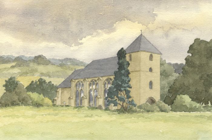 Eileen Lewis - 1968 Watercolour, Church of St Mary the Virgin, Nettlestead, Kent