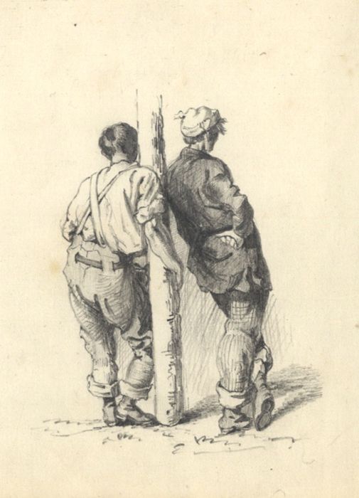Continental 19th Century Graphite Drawing - Two Figures
