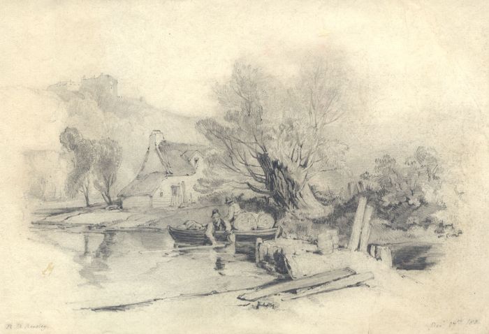 R.B. Ainsley - 1853 Graphite Drawing, Figures on a Boat