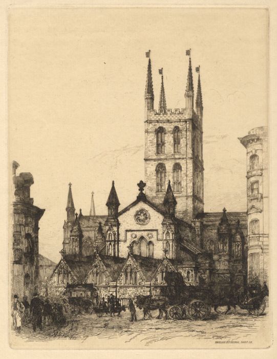 A.M. Williams - 1885 Etching, St Mary's Overie Church