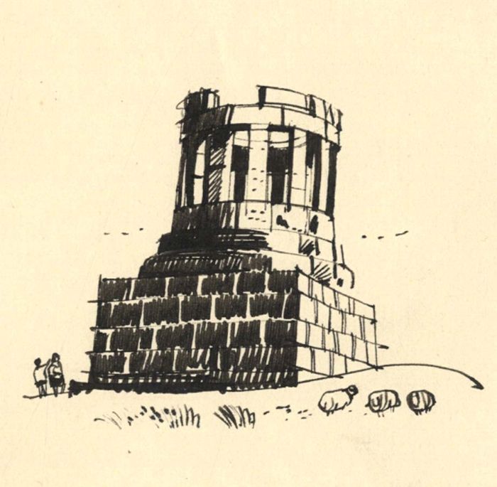 Paul Sharp - 1963 Pen and Ink Drawing, Granite Temple, Dalmally