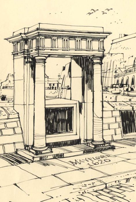 Paul Sharp - 1963 Watercolour, Plymouth: The Mayflower Stone
