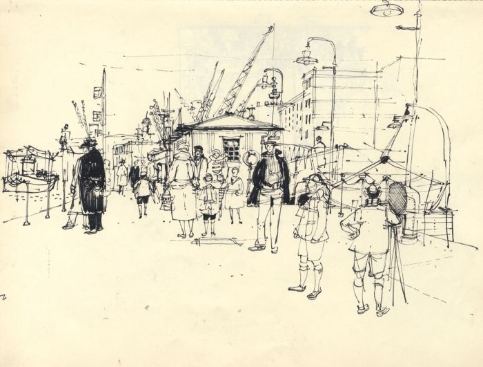 Paul Sharp - 1958 Pen and Ink Drawing, Riverside Walk