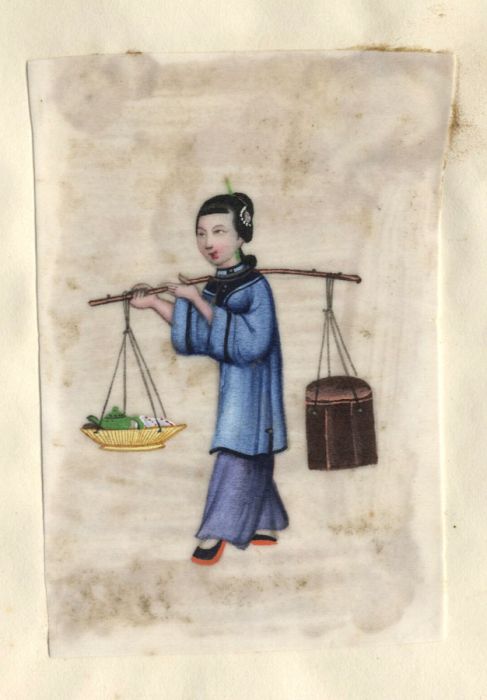 Chinese 20th Century Gouache - Woman Carrying Tea