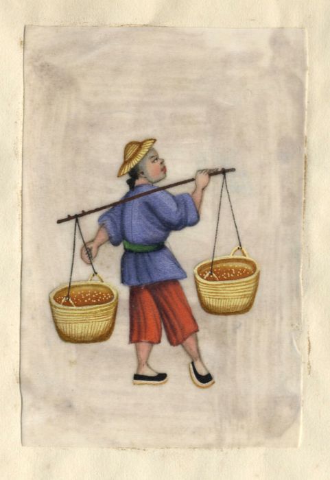 Chinese 20th Century Gouache - Man Carrying Baskets